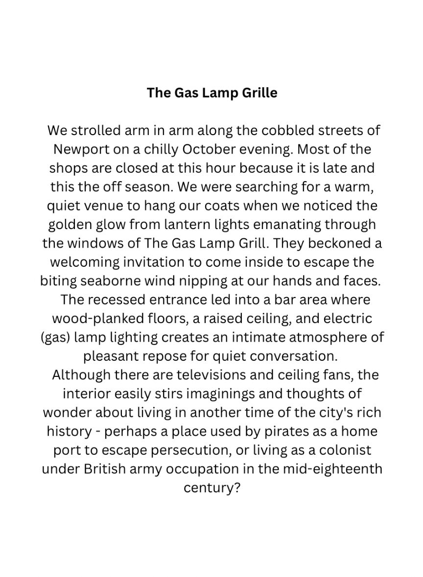 Text on a white background describing an evening stroll to The Gas Lamp Grille in Newport, a cozy bar with a historic ambiance.