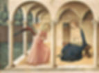 Image of The Annunciation by Fra Angelico, c. 1438-45 with an angel with colorful wings and pink garments and second person with blue and tan garments and halo. Set against tan backdrop outside with arches.