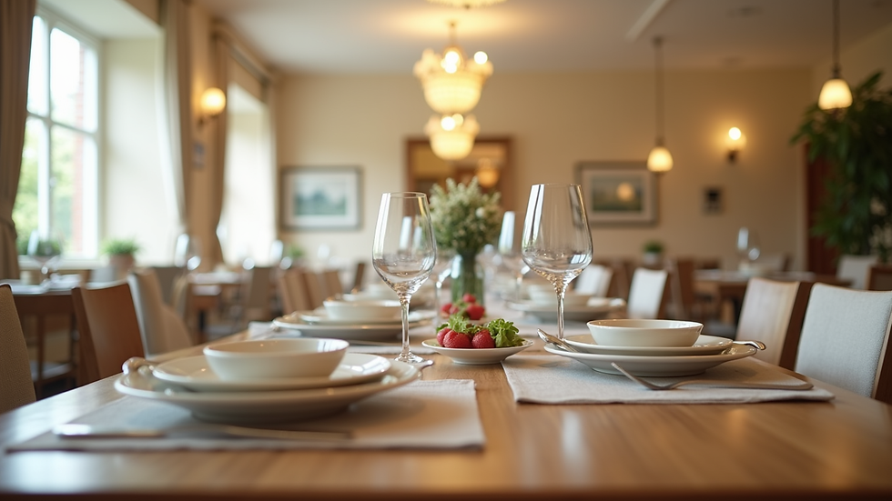 Close-up view of a senior living community dining area with tables set for a meal