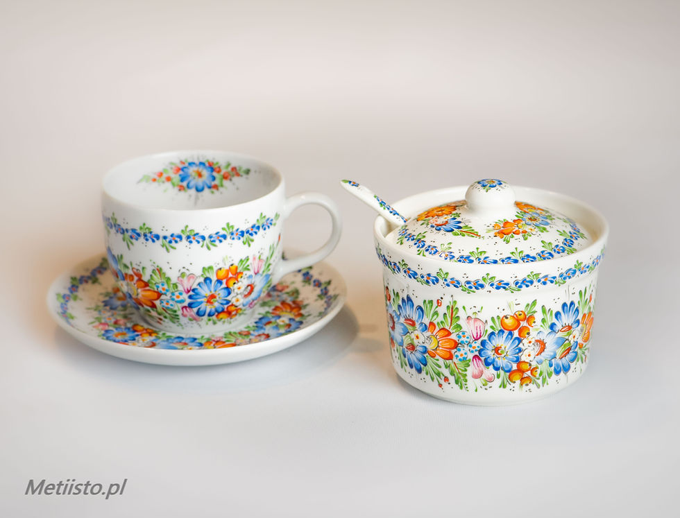 Thumbnail: Zestaw filiżanka z talerzykiem RĘCZNIE MALOWANY - ceramika opolska  WOCSK-28/A