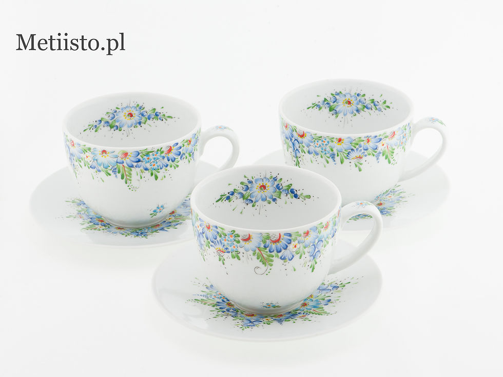 Miniatura: Zestaw talerzy i filiżanek - 12 sztuk RĘCZNIE MALOWANY - wzór opolski WOCSK-02