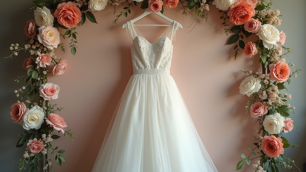 Eye-level view of a wedding dress hanging on a floral backdrop
