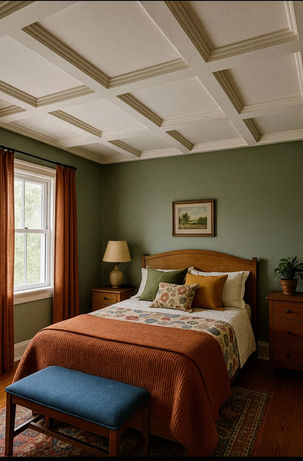 Bedroom with custom coffered ceiling and detailed trim work
