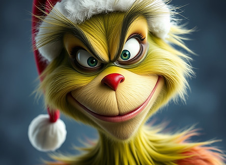 head shot of the grinch smiling mischiev