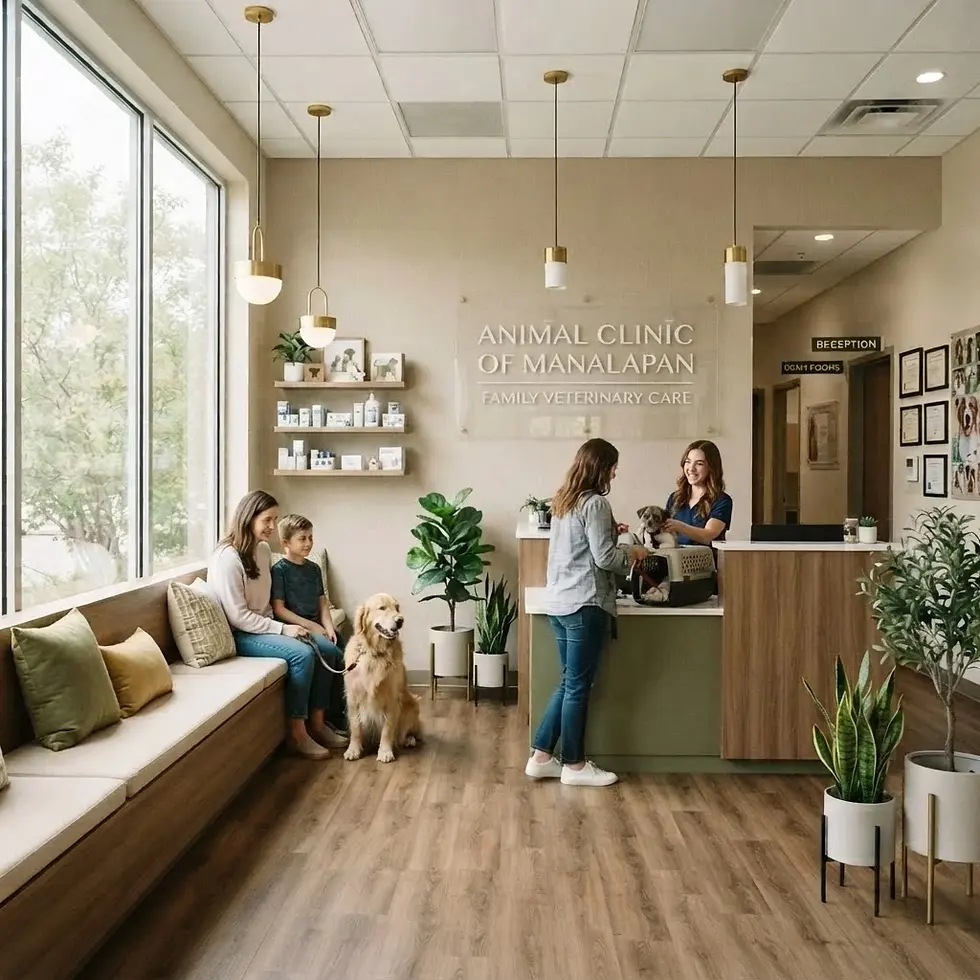 Interior photography of a modern animal clinic waiting area. A receptionist interacts with a client at the desk, while a woman, child, and dog wait on a long bench.