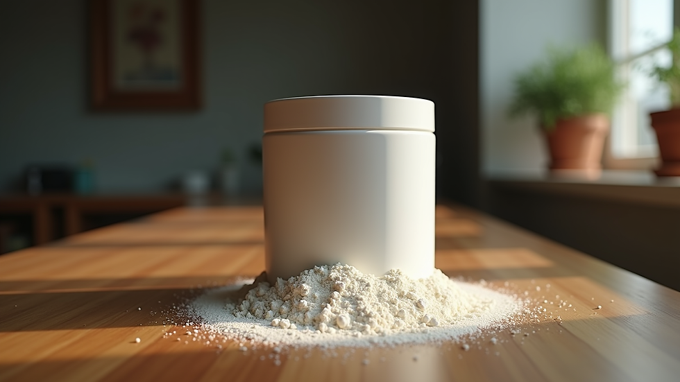 Eye-level view of creatine powder container on a wooden table