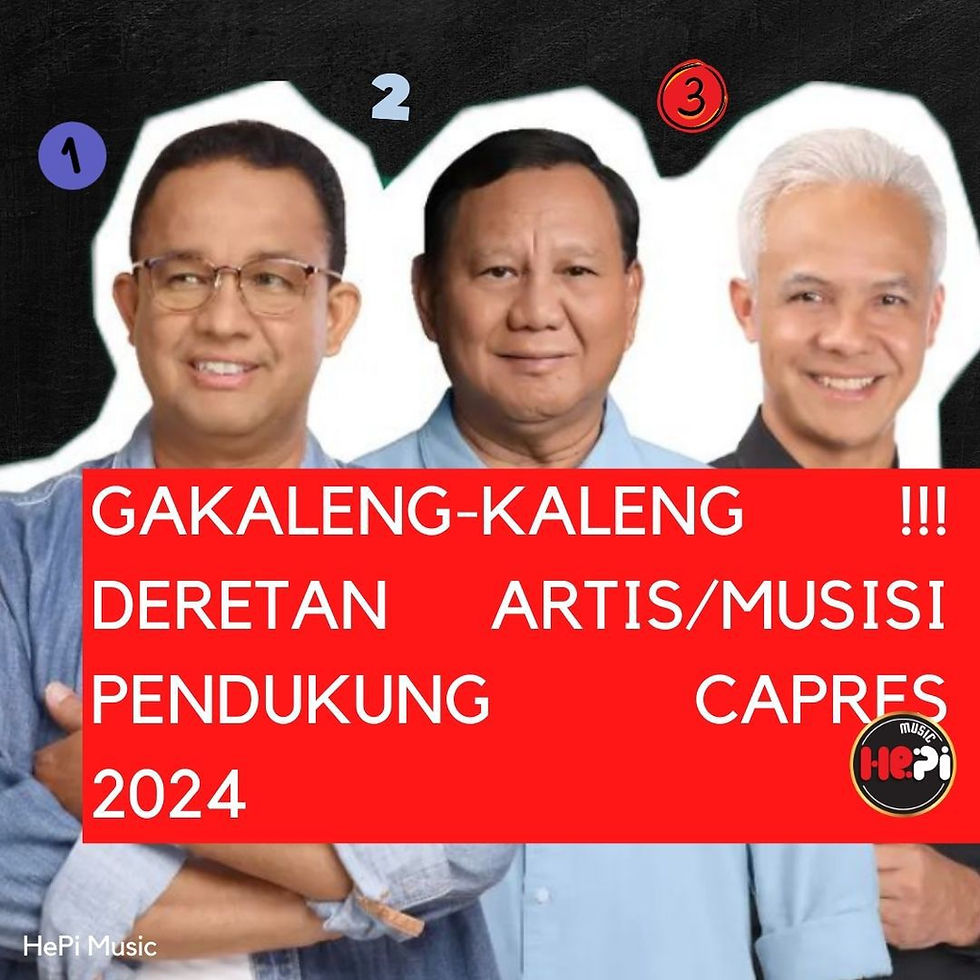 Gambar menampilkan berbagai musisi terkenal yang memberikan dukungan kepada calon presiden dan wakil presiden dalam pemilihan 2024.