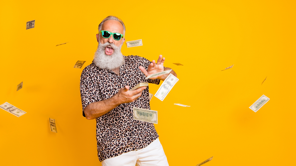 Bearded man with green sunglasses throwing cash money.