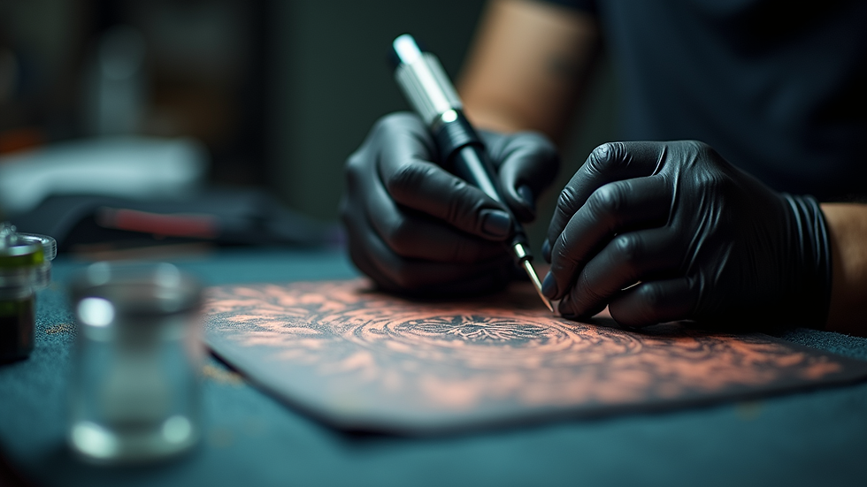 Close-up view of tattoo artist's workstation with ink and needles