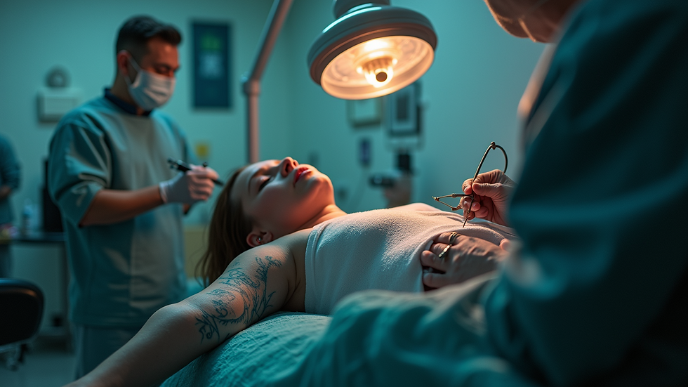 Eye-level view of a tattoo studio with medical equipment for sedation