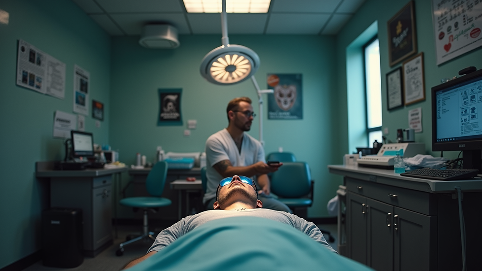 Eye-level view of a tattoo studio with a sedation setup