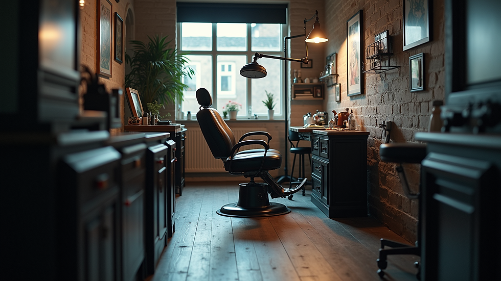 Eye-level view of a tattoo studio with a comfortable chair and medical equipment