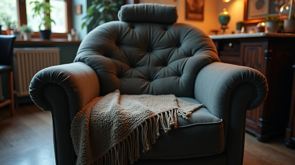 Eye-level view of a tattoo studio chair with a cushion and blanket