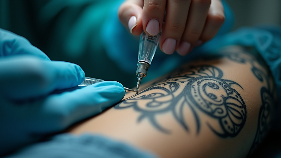 Eye-level view of a medical professional preparing local anesthesia for tattooing