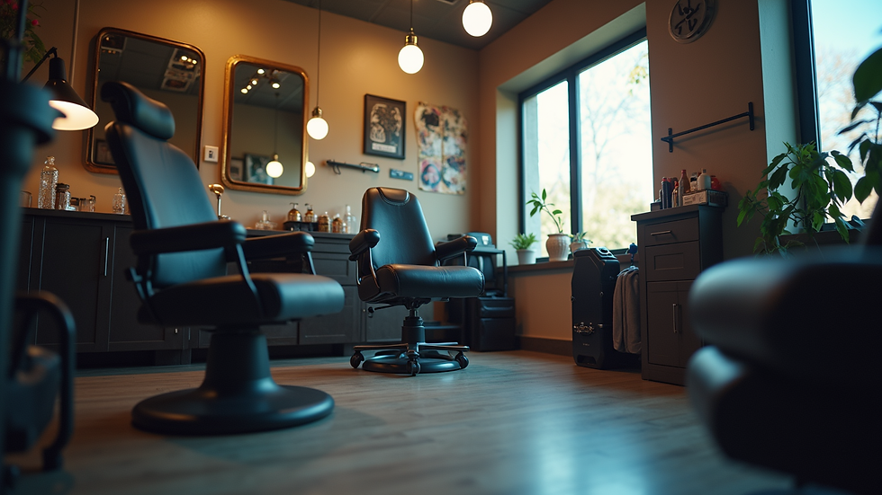 Eye-level view of a tattoo studio with a comfortable chair and medical equipment