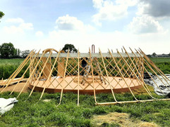 Opbouw Kirgizische yurt fase 2: de dakstokken worden klaar gelegd rond het frame, start van de koepelvorm.