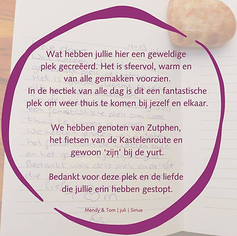 Gastenboektekst over de fantastische tijd die mendy en Tom in Sirius hebben ervaren.