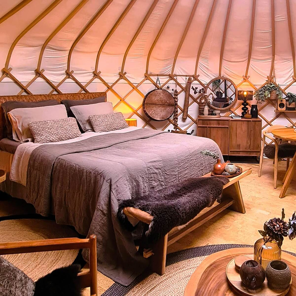 Mooi opgemaakt bed, eettafel en houten kast met spiegel in de ronde yurt.