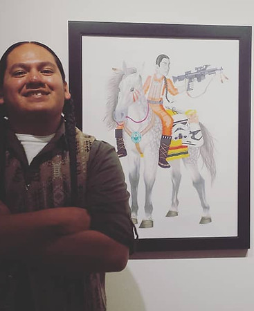 Chad Yellowjohn Artist in front of Americas Great Again using Star Wars as a narrative