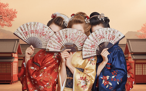 3 women holding fans on set