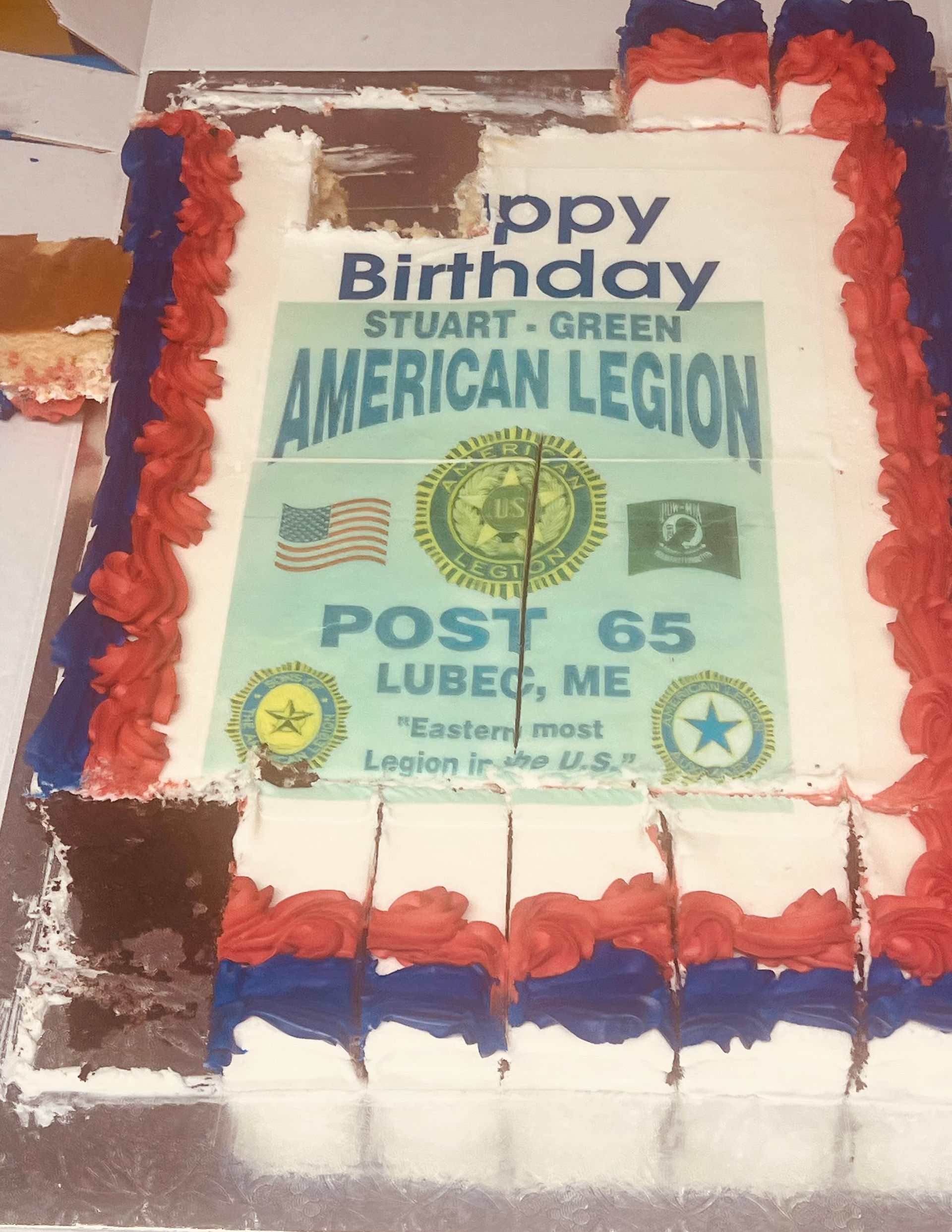 American Legion Post 65 birthday cake with red white and blue frosting Lubec Maine