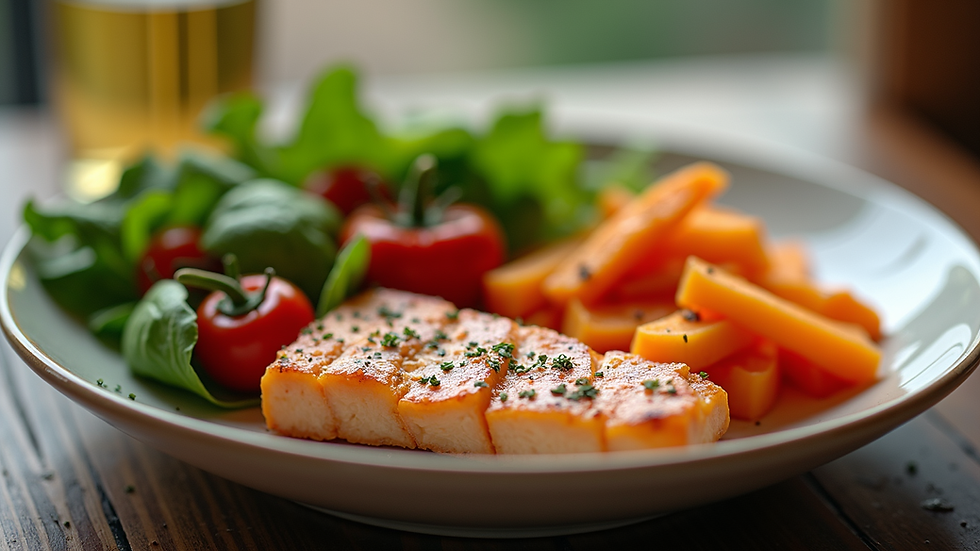 Eye-level view of a healthy meal with colorful vegetables and lean protein