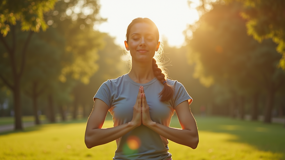 Eye-level view of a person practicing yoga outdoors in a peaceful park