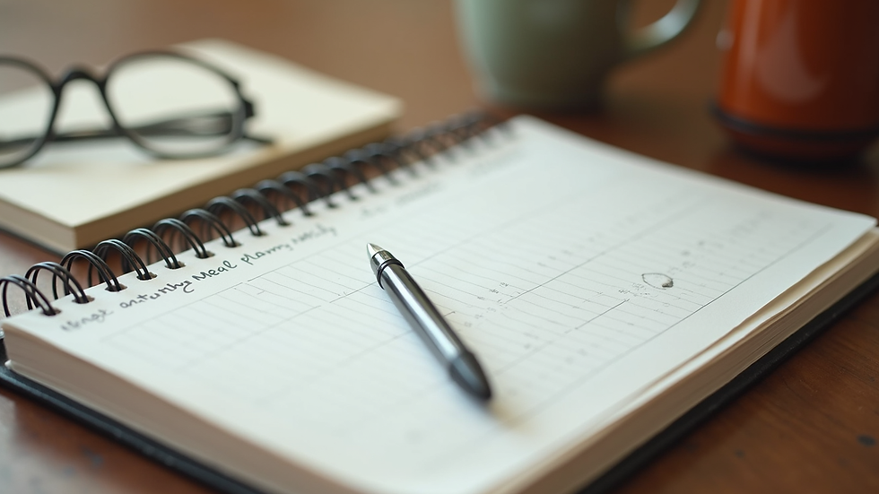 High angle view of a journal and pen with healthy meal planning notes