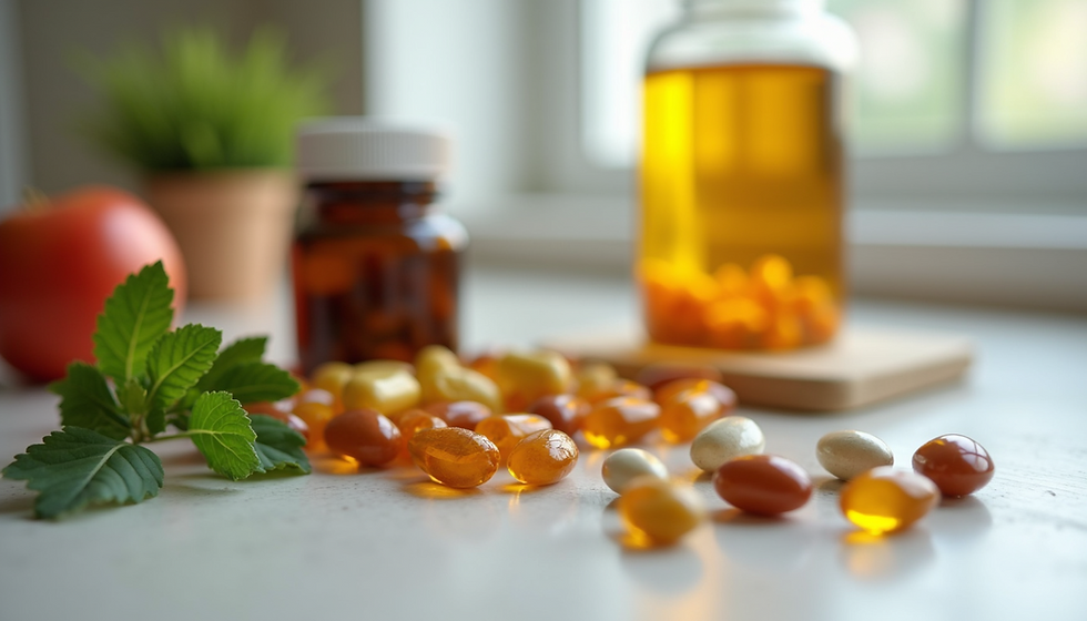 High angle view of supplements and natural remedies arranged on a wooden table