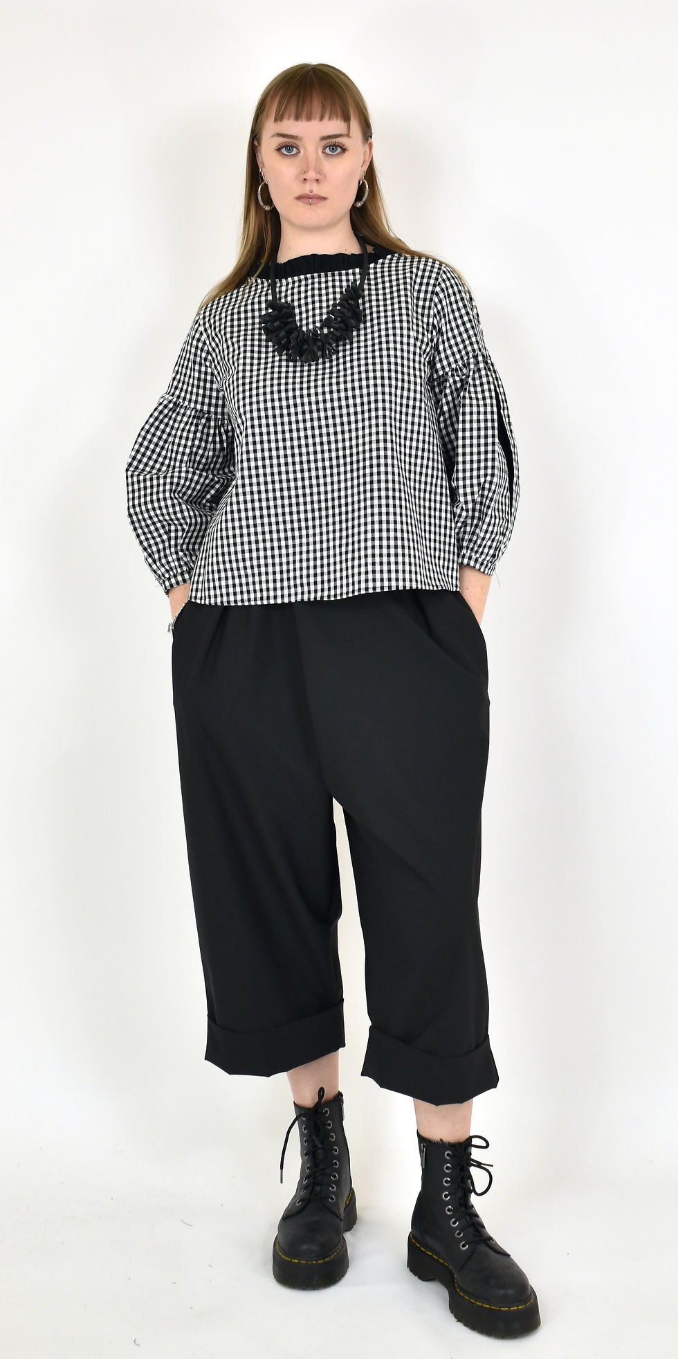 Thumbnail: Wendykei white & black check cotton blouse
