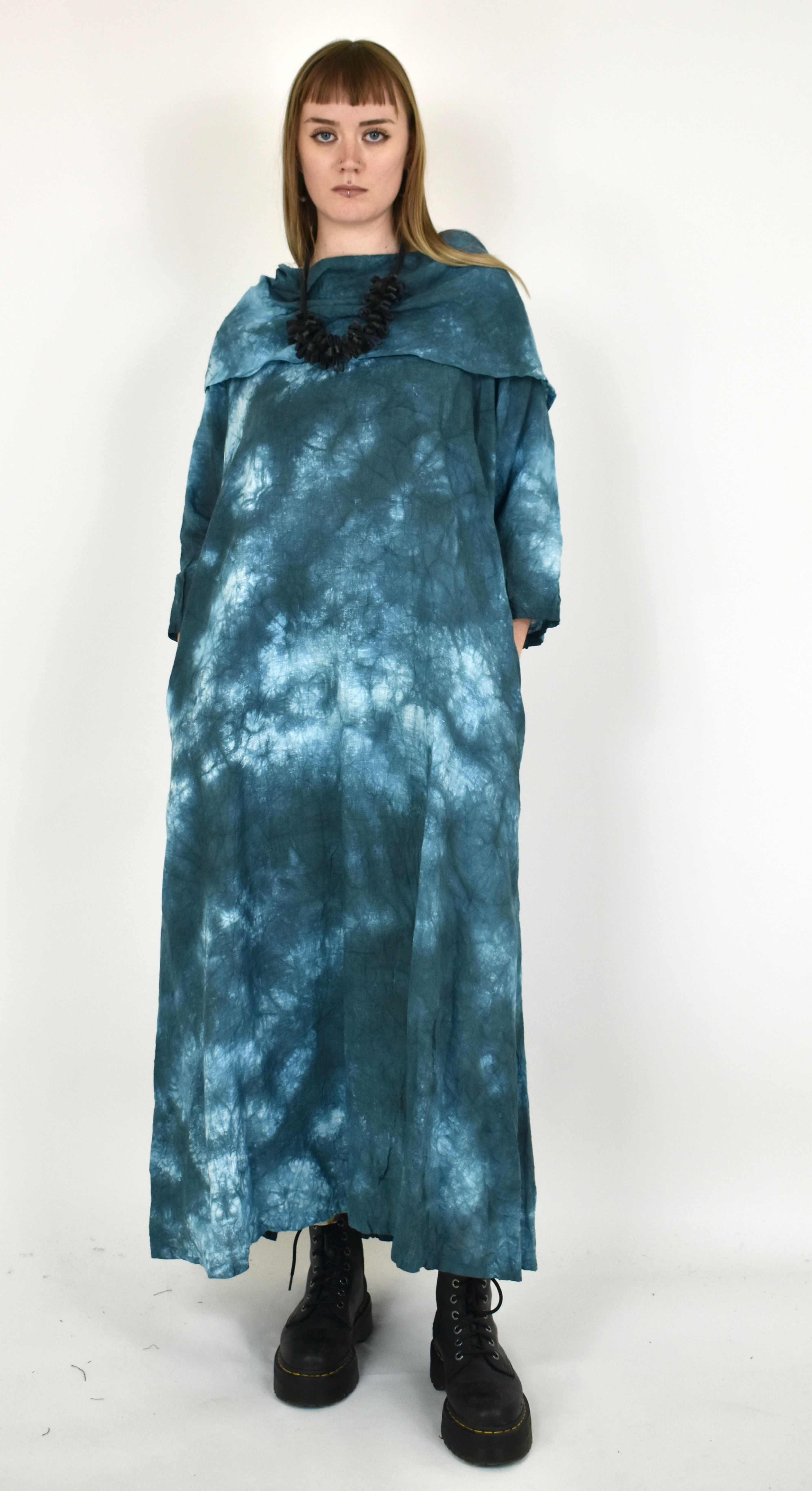 HoSo 100% linen oversized collar dress blue