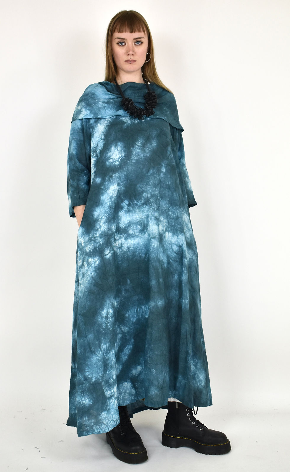 Thumbnail: HoSo 100% linen oversized collar dress blue