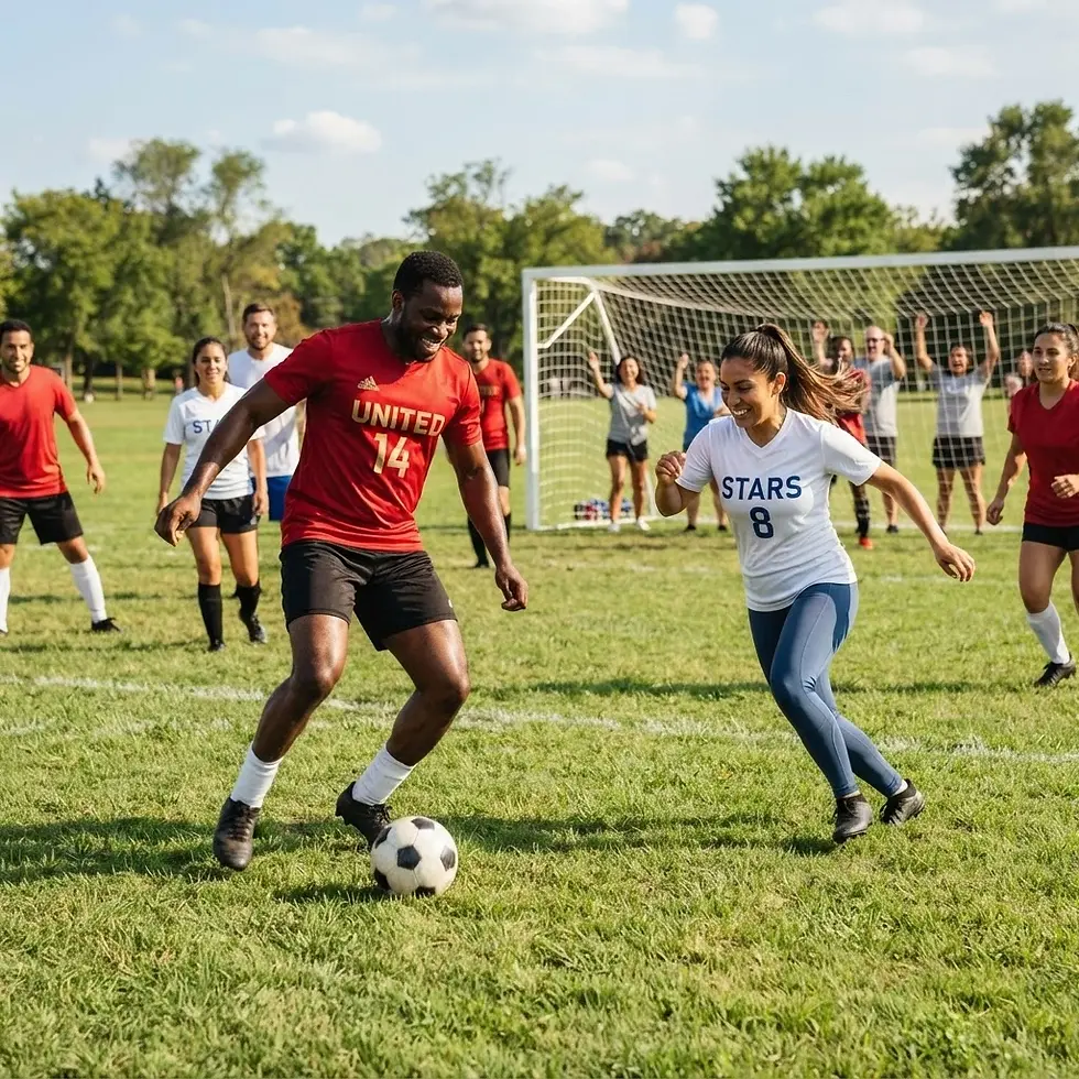 Outdoor photography of diverse people playing a casual soccer match. A man in a red shirt dribbles the ball past a woman in a 'STARS 8' shirt on a sunny field with others playing.