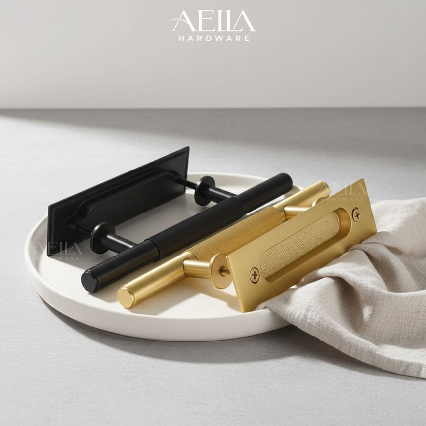 มือจับประตูสีดำและสีทองวางบนจานสีขาว พร้อมโลโก้ AELLA HARDWARE