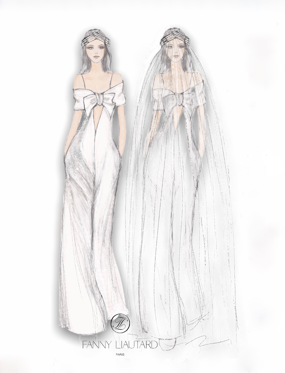 La mariée porte une combinaison pantalon largement décolleté , ses épaules sons recourbe d'un drapé , la mariée porte une tenue fluide et légère et non conventionnelle. collection mariage @ FANNY LIAUTARD