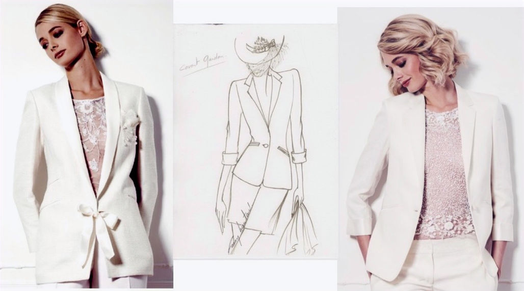 Les tailleurs féminins blancs et les blouses de dentelle. Tailleur, pantalon en lin, en soie ou en lainage a porter sur des blouses de dentelles. Photo de la collection tailleur de mariée de FANNY LIAUTARD. 