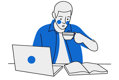 Illustration of a man in a desk with the computer on and a book open. He is sipping coffee