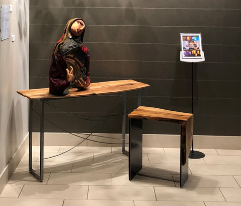 Cherry console table and applewood waterfall side table