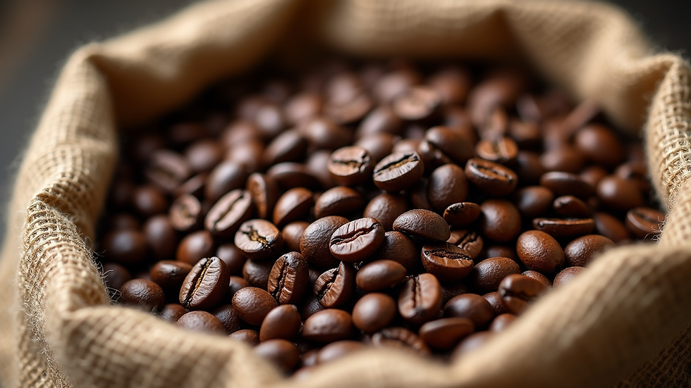 Close-up view of freshly roasted coffee beans in a burlap sack