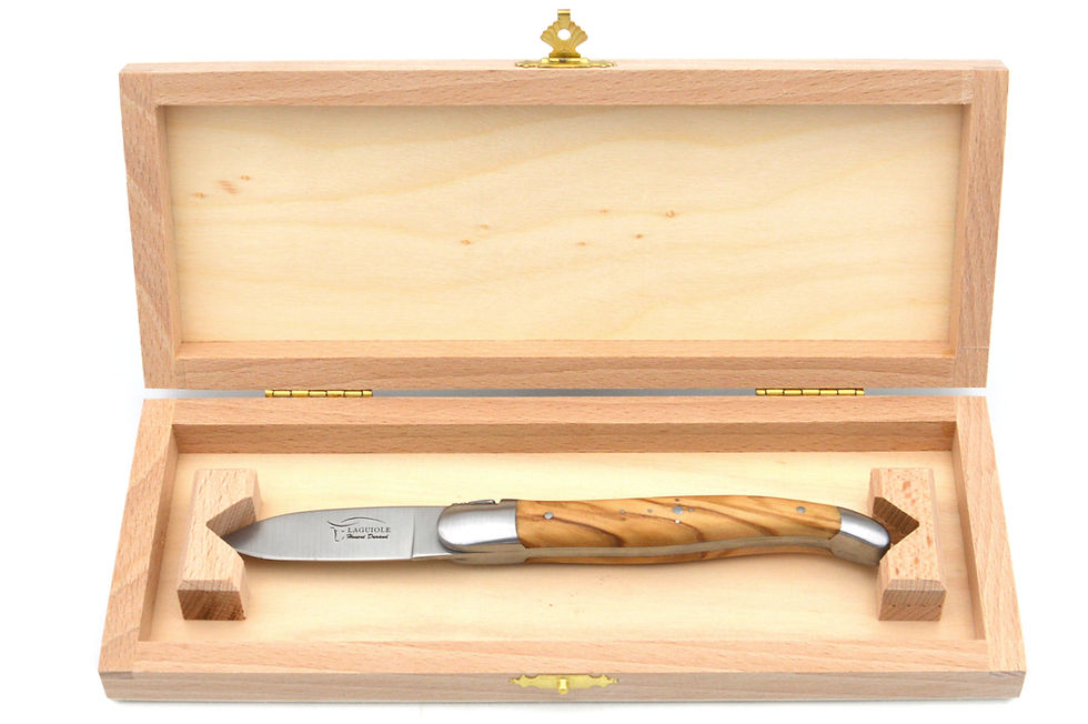 Miniaturbild: Laguiole Austernmesser mit Olivenholzgriff in einer Holzschachtel