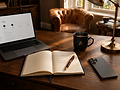 Laptop and notebook on office desk for AI and automation.