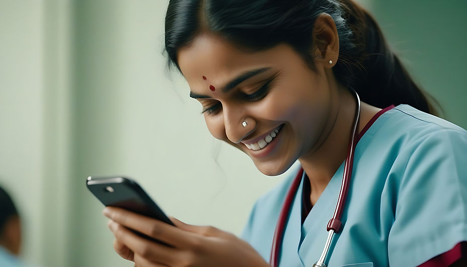 An-Indian-nurse-looking-at-her-phone-as-she-receives-happy-news.png