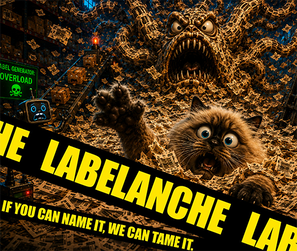 Labelanche Transport Works Supply Chain Word of the Day illustration showing shipping labels multiplying and causing freight confusion.