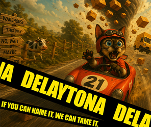 Delaytona Transport Works Supply Chain Word of the Day illustration showing changing ETAs, freight delays and delivery uncertainty.