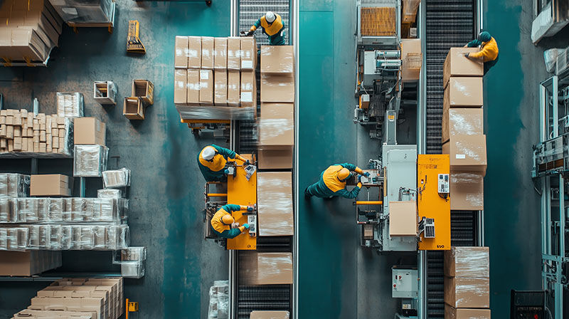 Workers in yellow and green uniforms package boxes on conveyor belts in a warehouse. Brown boxes are stacked around, creating a busy scene.