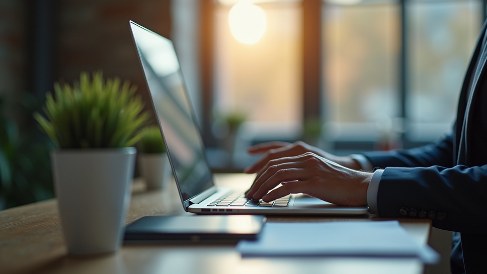 Eye-level view of a professional working on a laptop