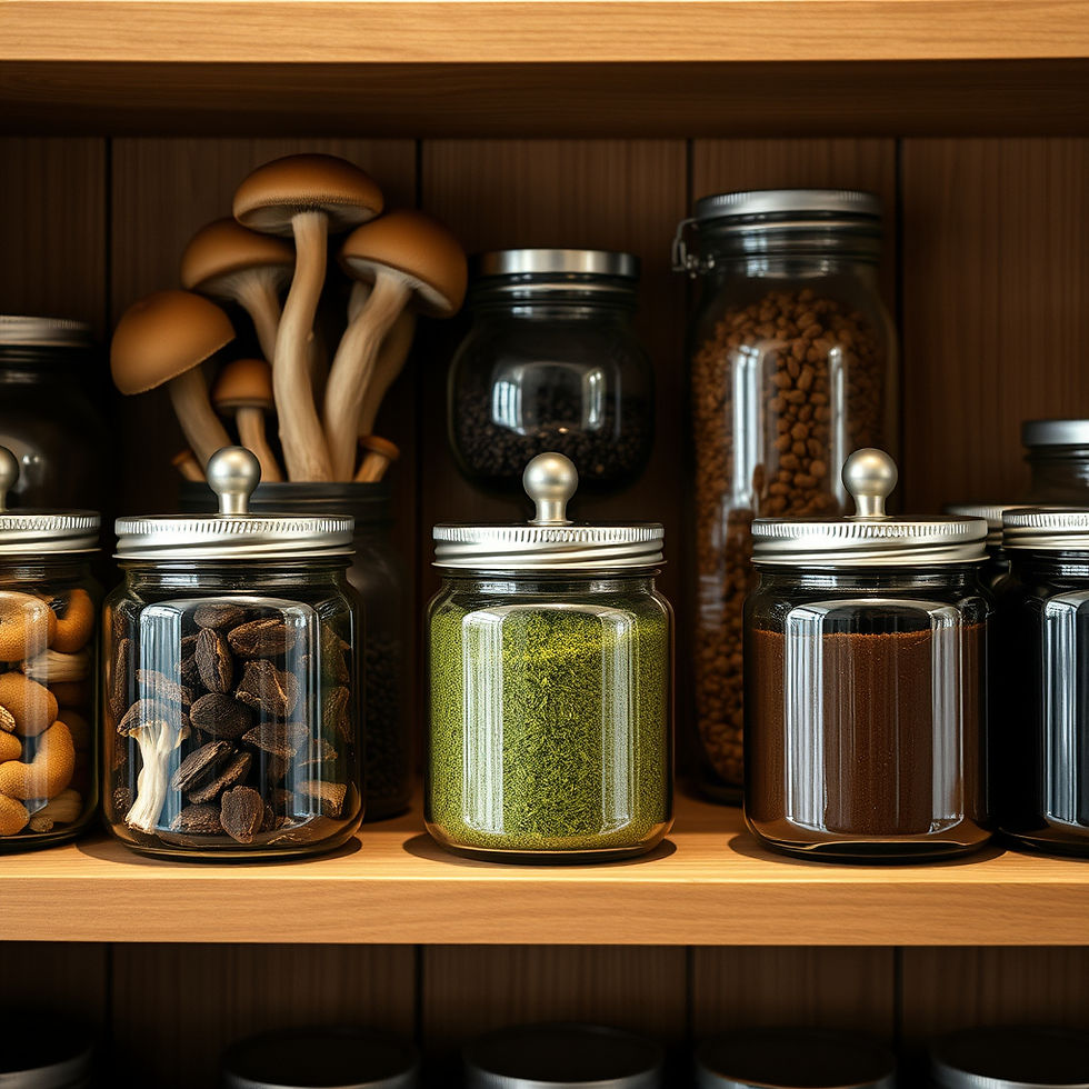 a shelf with fancy jars with fancy lids with mushrooms, chocolate, micro green powder, cof