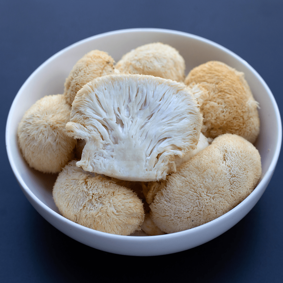 Lion's mane mushrooms in a white bowl against a dark background. The mushrooms are light brown and textured, with one cut in half showing its interior.