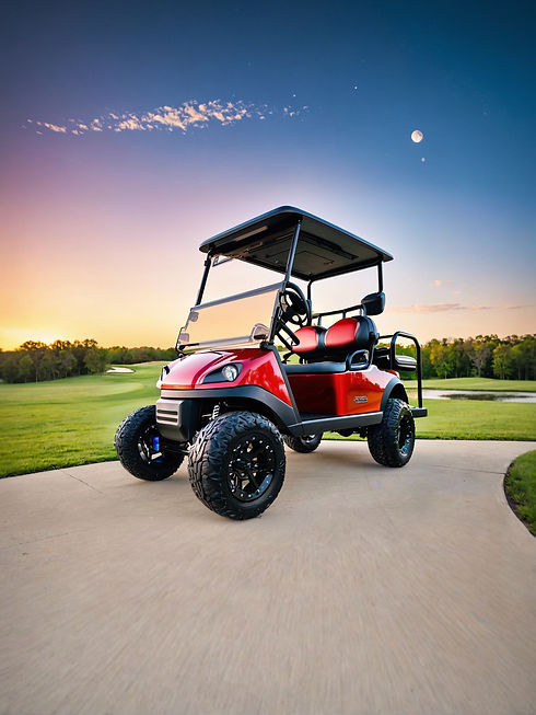 Red golf cart on a paved path during a sunset with 5 Star Elite Carts
