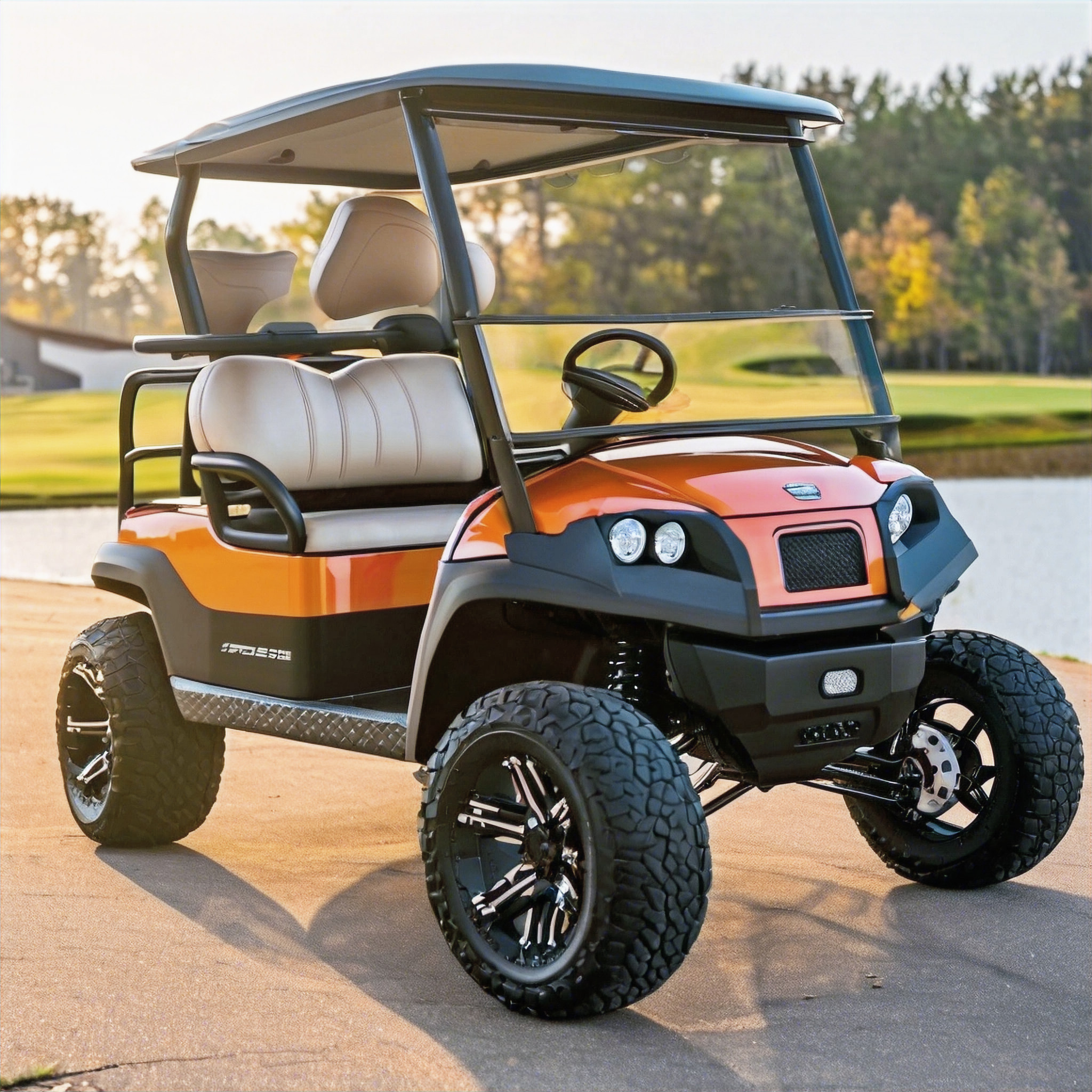 Orange golf cart with text, ready for adventures, New Inventory arriving daily.